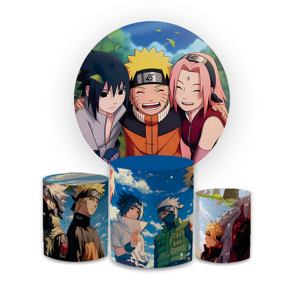 Kit Capa Painel Redondo + Capa Trio Cilindros Sublimados Malha New Decorativo Tema Naruto Shippuden Anime Decoração Festa