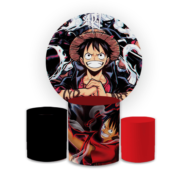 Kit Capa Painel Redondo + Capa Trio Cilindros Sublimados Malha New Decorativo Tema One Piece Rei Pirata Anime Decoração Festa