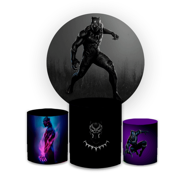 Kit Capa Painel Redondo + Capa Trio Cilindros Sublimados Malha New Decorativo Tema Pantera Negra Herói Marvel Decoração Festa