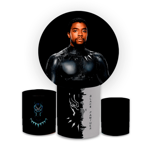 Kit Capa Painel Redondo + Capa Trio Cilindros Sublimados Malha New Decorativo Tema Pantera Negra Herói Marvel Decoração Festa