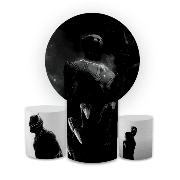 Kit Capa Painel Redondo + Capa Trio Cilindros Sublimados Malha New Decorativo Tema Pantera Negra Herói Marvel Decoração Festa