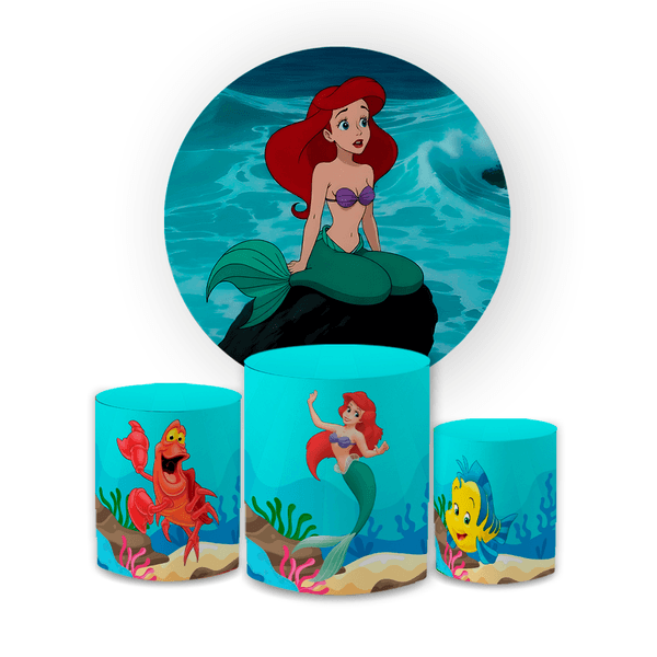 Kit Capa Painel Redondo + Capa Trio Cilindros Sublimados Malha New Decorativo Tema Pequena Sereia Ariel Decoração Infantil