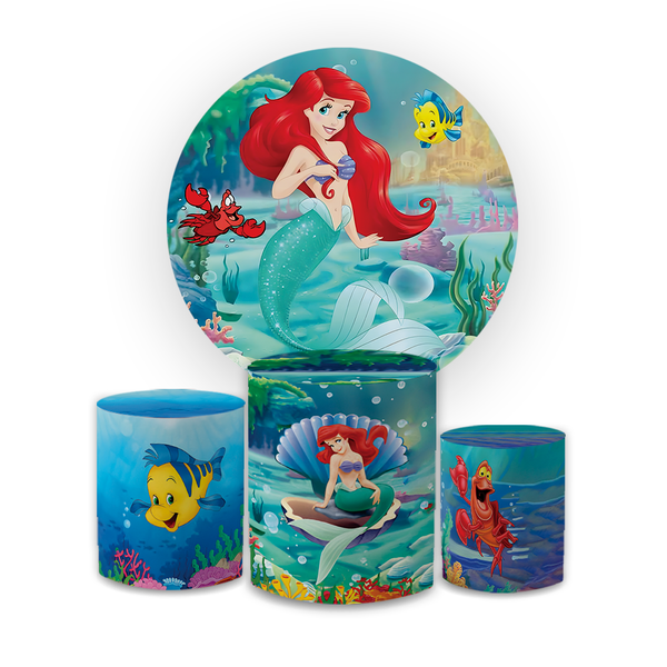 Kit Capa Painel Redondo + Capa Trio Cilindros Sublimados Malha New Decorativo Tema Pequena Sereia Ariel Decoração Infantil