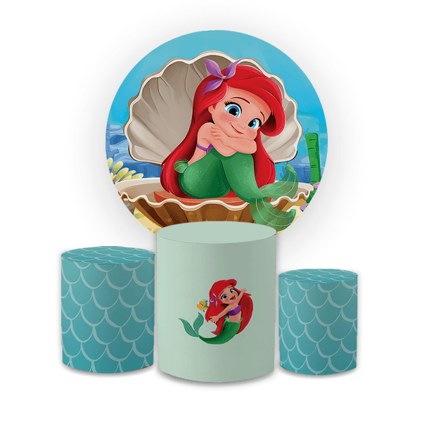 Kit Capa Painel Redondo + Capa Trio Cilindros Sublimados Malha New Decorativo Tema Pequena Sereia Ariel Decoração Infantil
