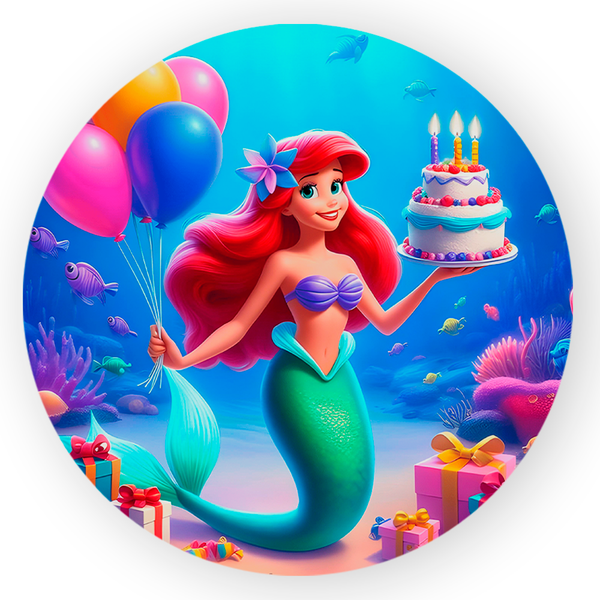 Capa Painel Redondo 1,5x1,5 de Festa Veste Fácil Sublimados Malha New Tema Pequena Sereia Princesa Ariel Festa Infantil Menina Decoração