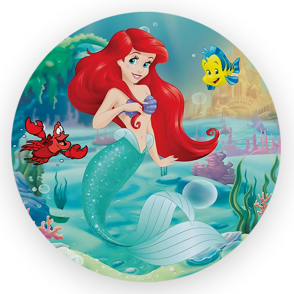 Capa Painel Redondo 1,5x1,5 de Festa Veste Fácil Sublimados Malha New Tema Pequena Sereia Princesa Ariel Festa Infantil Menina Decoração