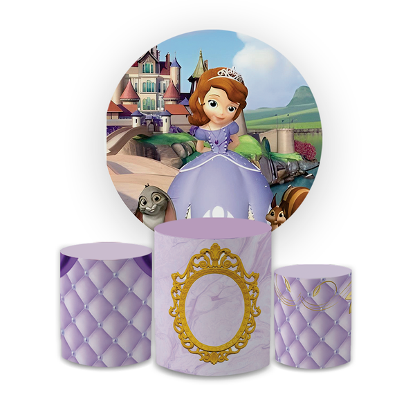Kit Capa Painel Redondo + Capa Trio Cilindros Sublimados Malha New Decorativo Tema Princesa Sofia Menina Decoração Infantil Festa