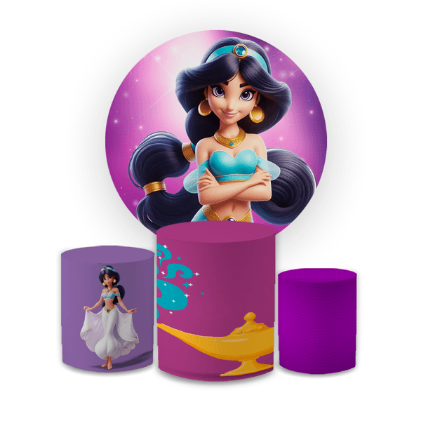Kit Capa Painel Redondo + Capa Trio Cilindros Sublimados Malha New Decorativo Tema Princesas Disney Cute Decoração Festa Infantil Menina