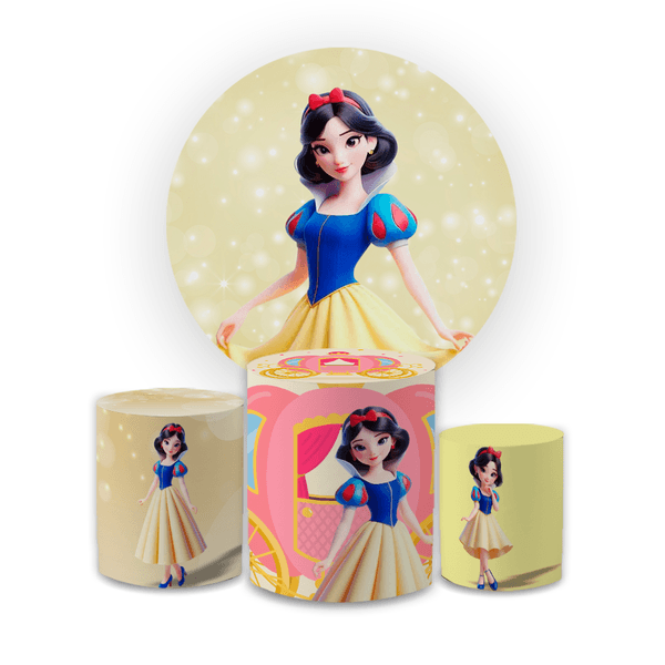 Kit Capa Painel Redondo + Capa Trio Cilindros Sublimados Malha New Decorativo Tema Princesas Disney Cute Decoração Festa Infantil Menina