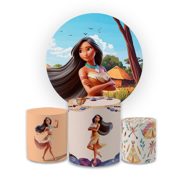 Kit Capa Painel Redondo + Capa Trio Cilindros Sublimados Malha New Decorativo Tema Princesas Disney Cute Decoração Festa Infantil Menina