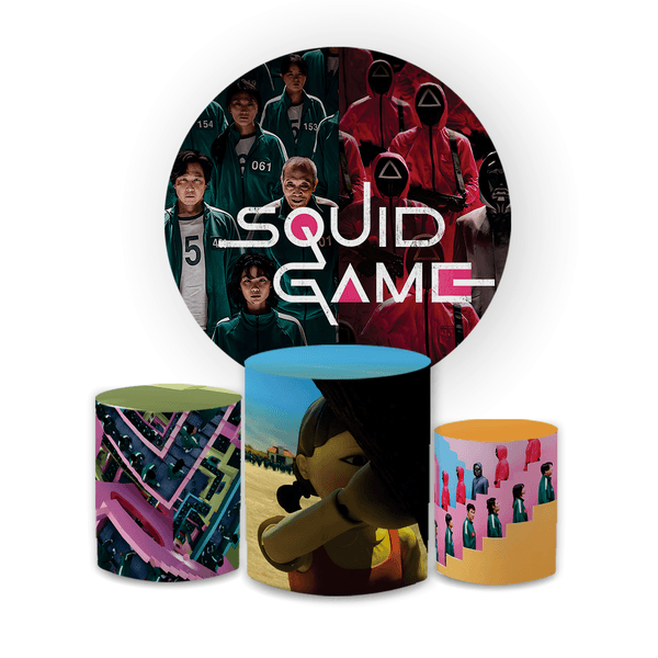 Kit Capa Painel Redondo + Capa Trio Cilindros Sublimados Malha New Decorativo Tema Round 6 Série Decoração Festa