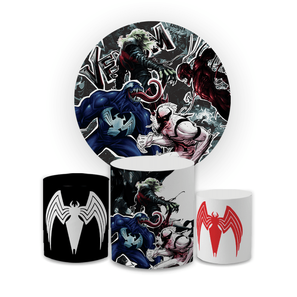 Kit Capa Painel Redondo + Capa Trio Cilindros Sublimados Malha New Decorativo Tema Venom Anti Herói Simbionte Decoração Menino
