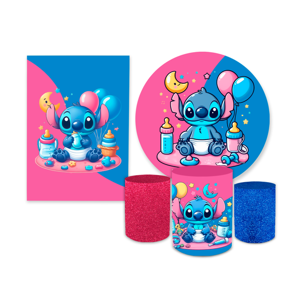 Kit Casadinho Capa Painel Redondo + Retangular + Trio Capas de Cilindro Tema Lilo Stitch Decorativo Desenho Animado