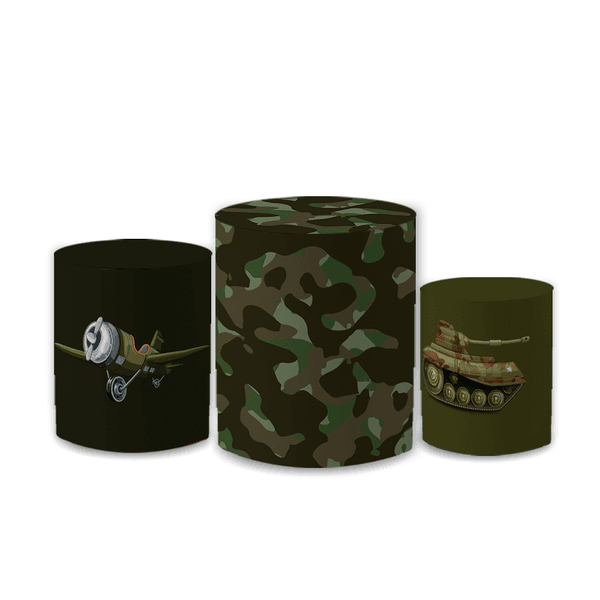 Trio Capas de Cilindros Sublimados Decorativo Tema Militar Camuflado Decoração Festa