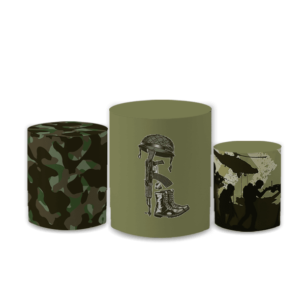 Trio Capas de Cilindros Sublimados Decorativo Tema Militar Camuflado Decoração Festa