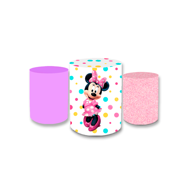 Trio Capas de Cilindros Sublimados Decorativo Tema Infantil Menina Minnie Mouse Decoração