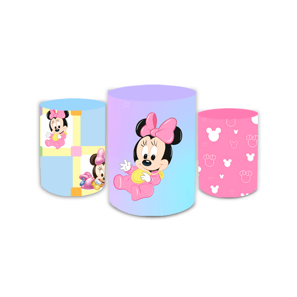 Trio Capas de Cilindros Sublimados Decorativo Tema Infantil Menina Minnie Mouse Decoração