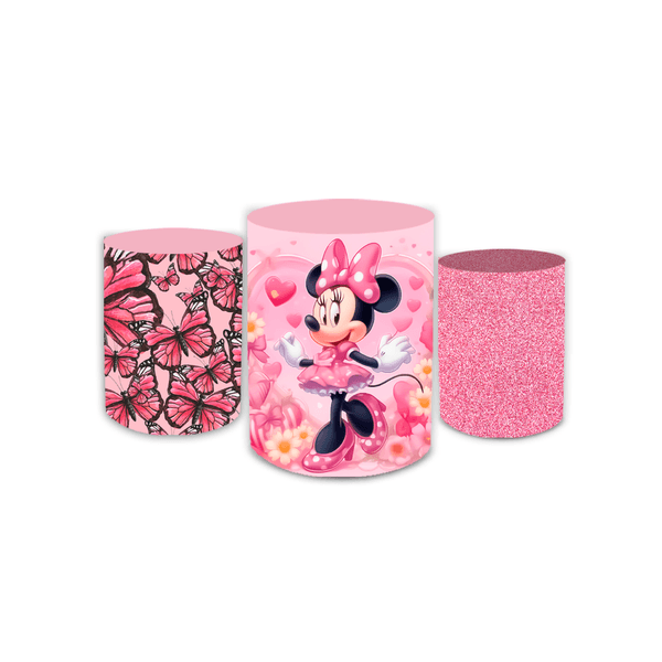 Trio Capas De Cilindros Sublimados Decorativo Tema Infantil Menina Minnie Mouse Decoração