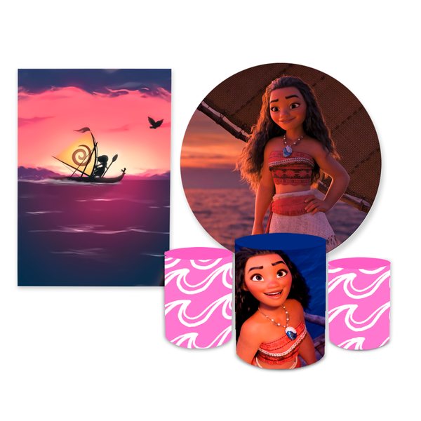 Kit Casadinho Capa Painel Redondo + Retangular + Trio Capas de Cilindro Tema Moana Decoração Infantil Menina Filme