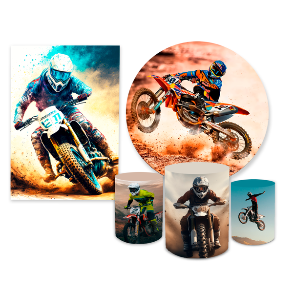 Kit Casadinho Capa Painel Redondo + Retangular + Trio Capas de Cilindro Tema Motocross Adrenalina Aventura Decorativo