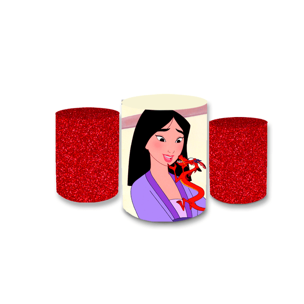 Trio Capas de Cilindros Sublimados Decorativo Tema Mulan Guerreira Desenho Infantil Decoração