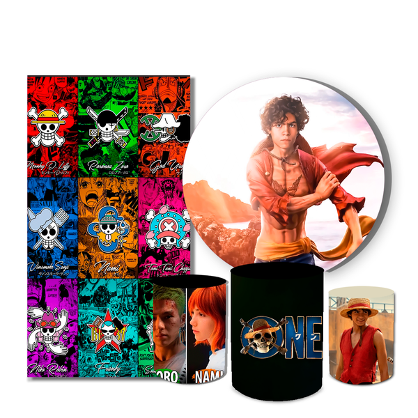 Kit Casadinho Capa Painel Redondo + Retangular + Trio Capas de Cilindro Tema One Piece Anime Luffy Rei Pirata