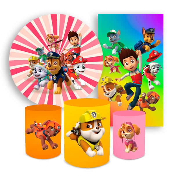 Kit Casadinho Capa Painel Redondo + Retangular + Trio Capas de Cilindro Tema Patrulha Canina Heróis Decoração Infantil
