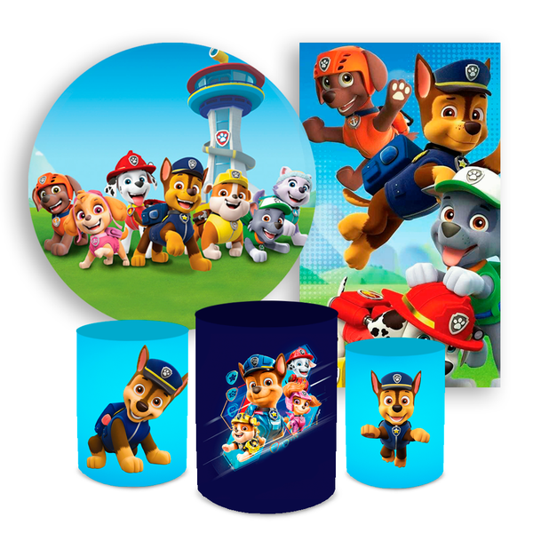 Kit Casadinho Capa Painel Redondo + Retangular + Trio Capas de Cilindro Tema Patrulha Canina Heróis Decoração Infantil