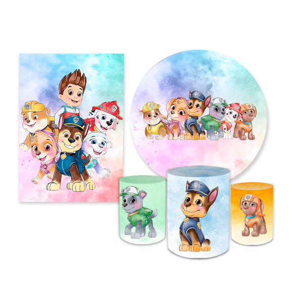 Kit Casadinho Capa Painel Redondo + Retangular + Trio Capas de Cilindro Tema Patrulha Canina Heróis Decoração Infantil