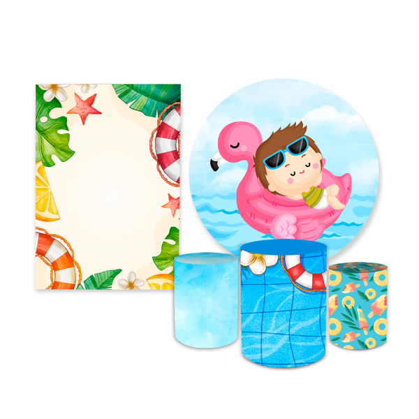 Kit Casadinho Capa Painel Redondo + Retangular + Trio Capas de Cilindro Tema Pool Party Curtindo Verão Decoração Praia Clube