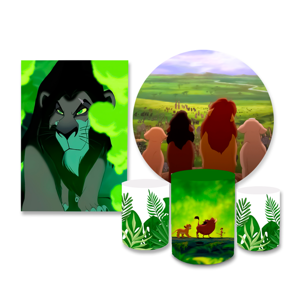 Kit Casadinho Capa Painel Redondo + Retangular + Trio Capas de Cilindro Tema Rei Leão Simba Decoração Infantil