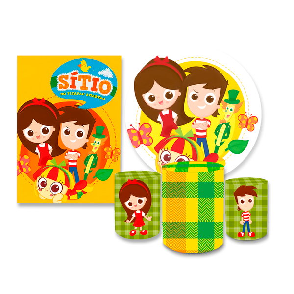 Kit Casadinho Capa Painel Redondo + Retangular + Trio Capas de Cilindro Tema Sitio Pica Pau Amarelo Decoração Infantil