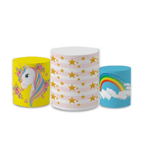 Trio Capas de Cilindros Sublimados Decorativo Tema Unicornio Decoração Festa