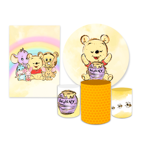 Kit Casadinho Capa Painel Redondo + Retangular + Trio Capas de Cilindro Tema Ursinhos Pooh Decoração Festa infantil