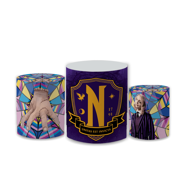 Trio Capas de Cilindros Sublimados Decorativo Tema Wandinha Addams Decoração Festa Infantil