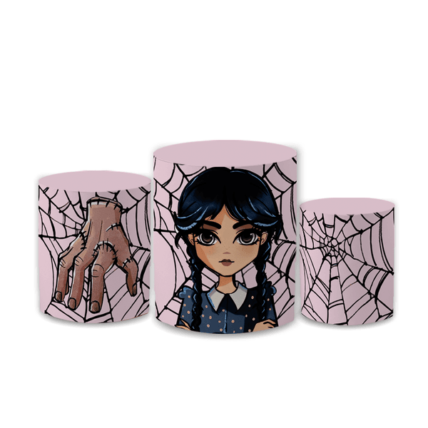 Trio Capas de Cilindros Sublimados Decorativo Tema Wandinha Addams Decoração Festa Infantil