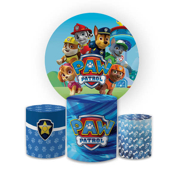 Kit Capa Painel Redondo + Trio Cilindros Decoração Aniversário Infantil Desenho Patrulha Canina