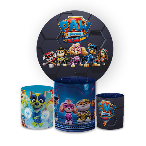 Kit Capa Painel Redondo + Trio Cilindros Decoração Aniversário Infantil Desenho Patrulha Canina