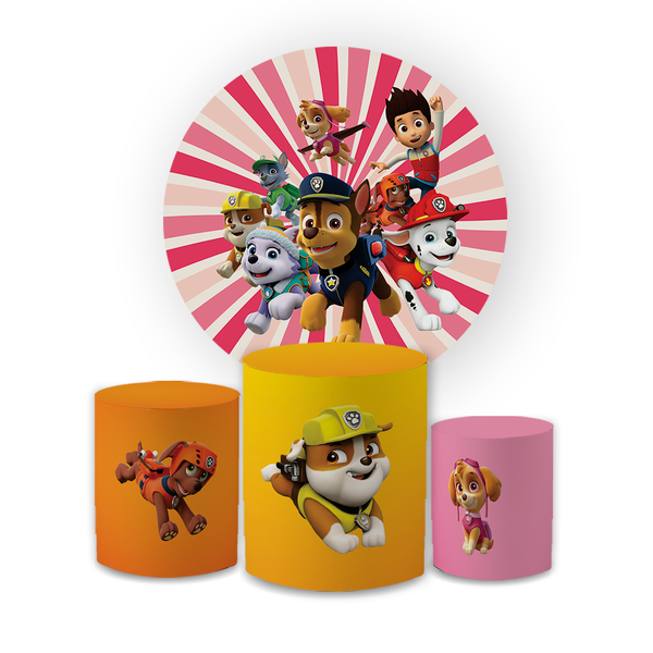 Kit Capa Painel Redondo + Trio Cilindros Decoração Aniversário Infantil Desenho Patrulha Canina