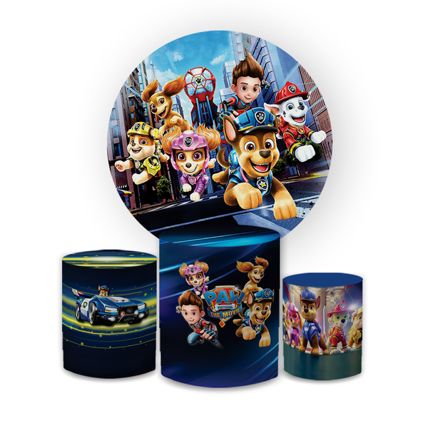 Kit Capa Painel Redondo + Trio Cilindros Decoração Aniversário Infantil Desenho Patrulha Canina