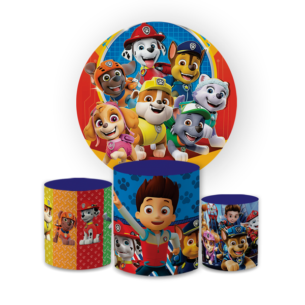Kit Capa Painel Redondo + Trio Cilindros Decoração Aniversário Infantil Desenho Patrulha Canina