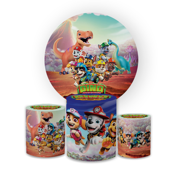Kit Capa Painel Redondo + Trio Cilindros Decoração Aniversário Infantil Desenho Patrulha Canina