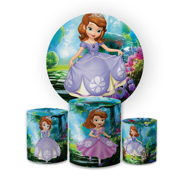 Kit Capa Painel Redondo + Trio Cilindros Decoração Aniversário Infantil Desenho Princesa Sofia