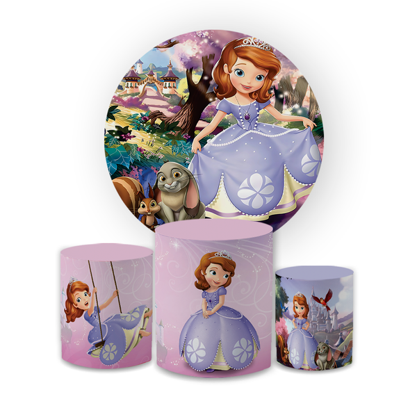 Kit Capa Painel Redondo + Trio Cilindros Decoração Aniversário Infantil Desenho Princesa Sofia