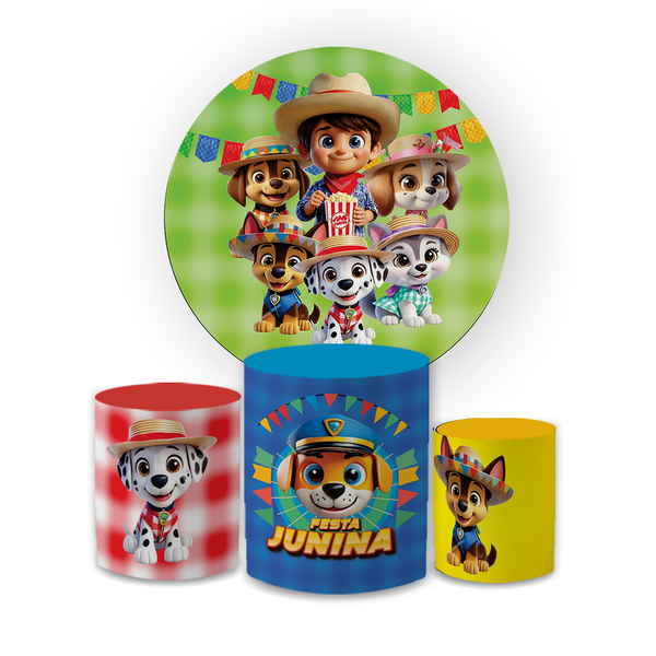 Kit Capa Painel Redondo + Trio Cilindros Decoração Aniversário Infantil Desenho Arraiá Patrulha Canina