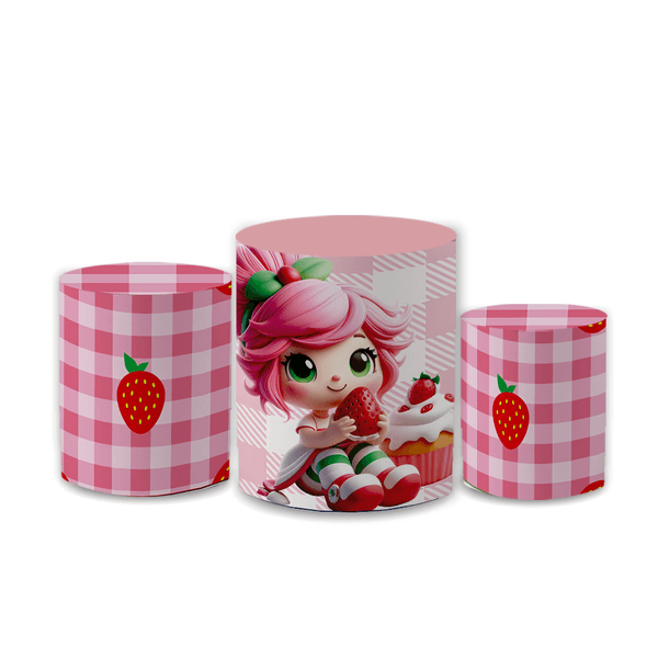 Trio Capas Cilindro Veste Fácil Sublimado Festa Aniversário Infantil Tema Menina Moranguinho 