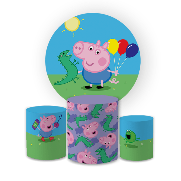 Kit Capa Painel Redondo + Trio Cilindros Decoração Aniversário Infantil Desenho Peppa Pig George