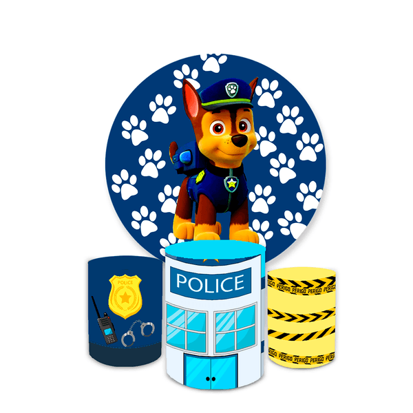 Kit Capa Painel Redondo + Trio Cilindros Decoração Aniversário Infantil Desenho Chase Patrulha Canina