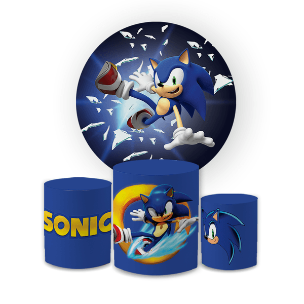 Kit Capa Painel Redondo + Trio Cilindros Decoração Festa Aniversário Infantil Desenho Jogo Sonic