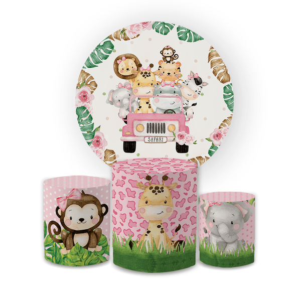Kit Capa Painel Redondo + Trio Cilindros Decoração Festa Aniversário Infantil Safari Baby Rosa Menina